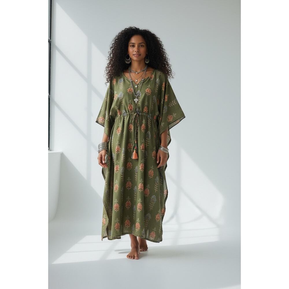 Women’s Psyna Cotton 2pc Asian Kaftan Kurta Outfit Set Large Green Orange